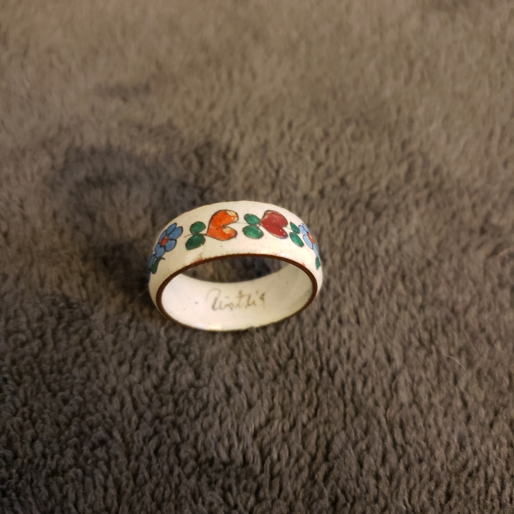 Sweet Vintage Enamel Painted Ring Size 5.5 Signed